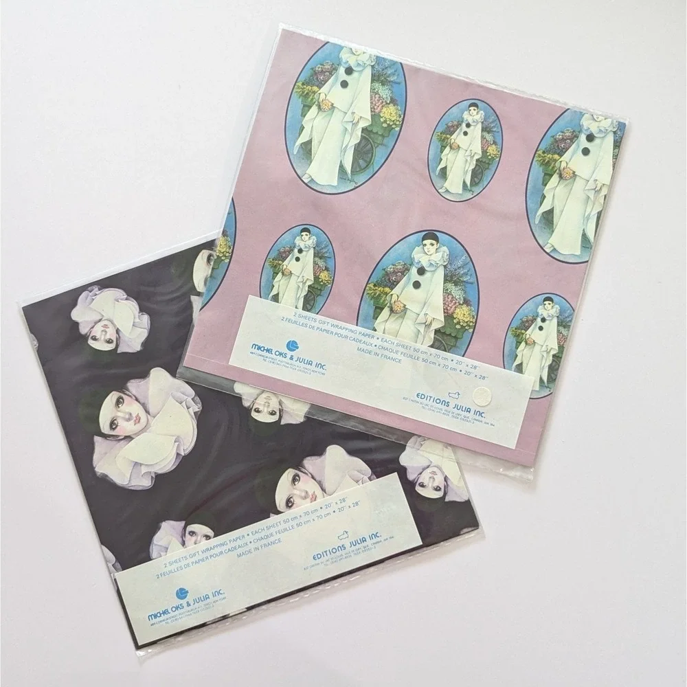 Vintage Mira Fujita Pierrot Mime Clown Gift Wrap Paper Sealed Michel Oks France